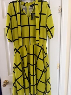 Ashley Stewart Lime Green and Black Windowpane Midi Dress
